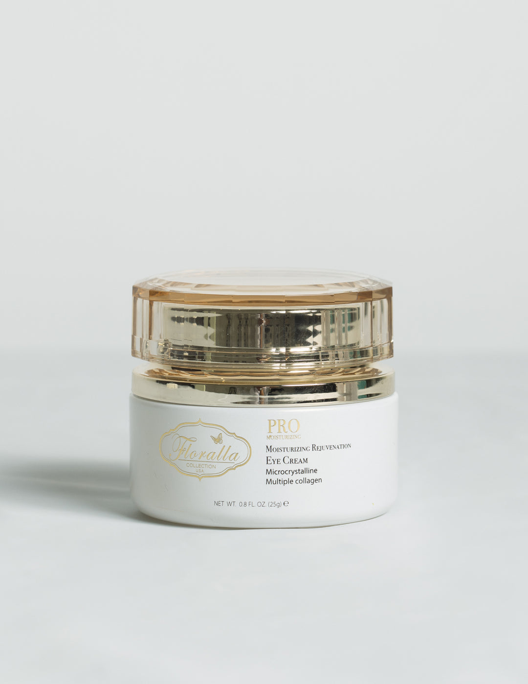 Floralla PRO Moisturizing Rejuvenation Eye Cream jar with microcrystalline and collagen formula, representing luxury skincare for anti-aging and hydration.