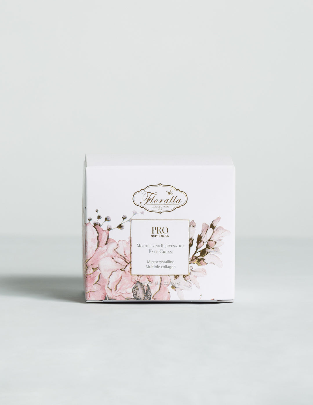 Floralla Pro Moisturizing Rejuvenating Face Cream in a white cardboard box packaging with pink floral designs and gold accents.