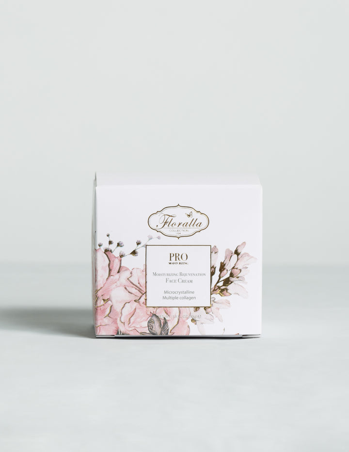 Floralla Pro Moisturizing Rejuvenating Face Cream in a white cardboard box packaging with pink floral designs and gold accents.