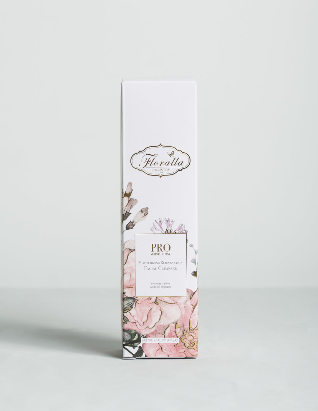 Floralla Pro Moisturizing Rejuvenating Facial Cleanser in white cardboard box with pink floral designs and gold accents.