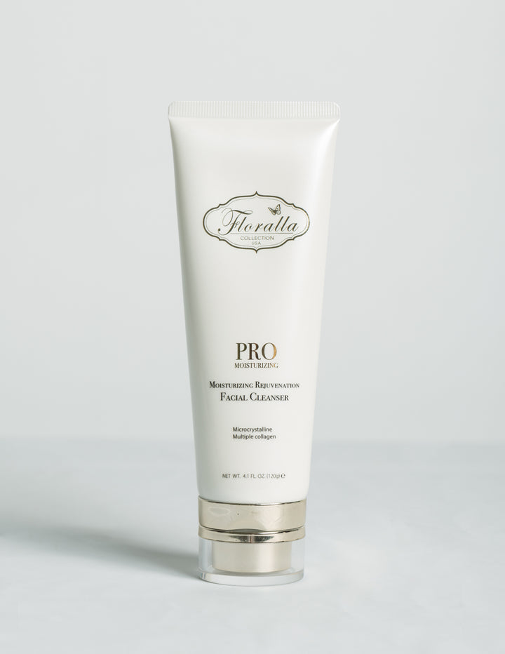 A white tube of Floralla Pro Moisturizing Rejuvenating Facial Cleanser with a gold-colored cap.